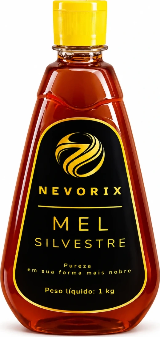 Bisnaga oficial de Mel Silvestre Nevorix de 1 kg, com tampa amarela e rótulo preto e dourado