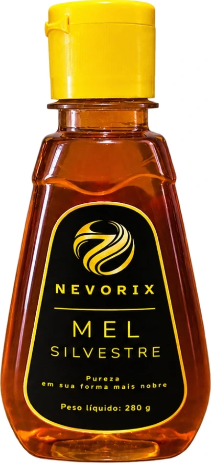 Bisnaga oficial de Mel Silvestre Nevorix de 280 g, com tampa amarela e rótulo preto e dourado
