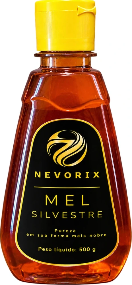 Bisnaga oficial de Mel Silvestre Nevorix de 500 g, com tampa amarela e rótulo preto e dourado